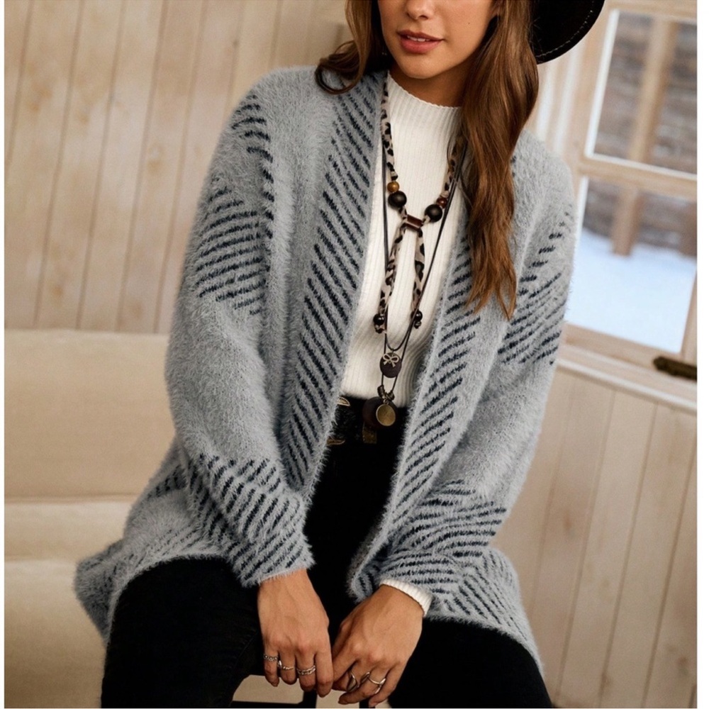 Cozy Color Block Stripes Fuzzy Open Front Cardigan XXS XS S M L XL